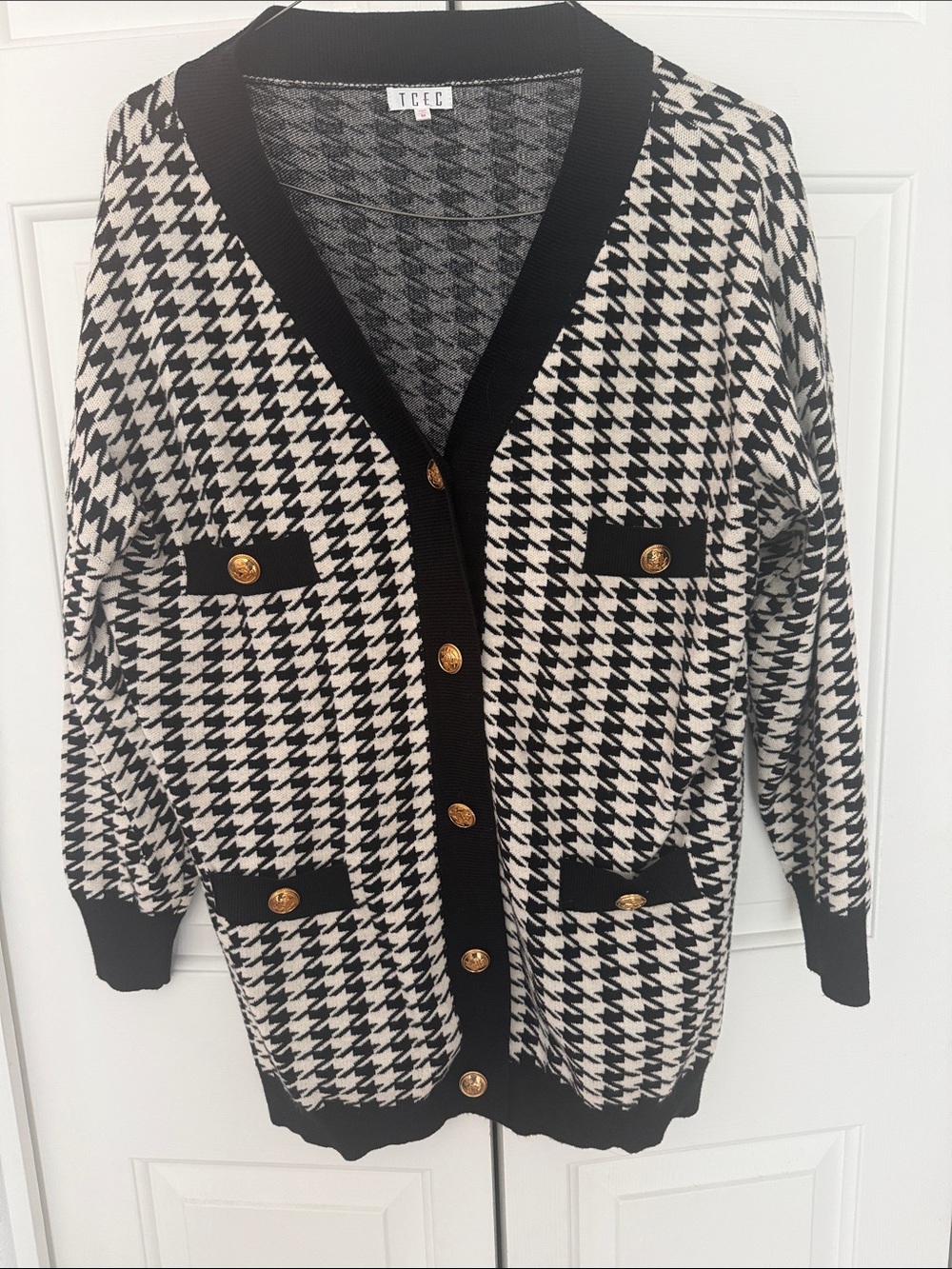 Black & White Houndstooth Knit Blazer Sweater Cardigan